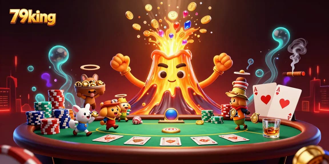 Engage with 79king's thrilling casino scene featuring a volcano erupting treasures and poker elements