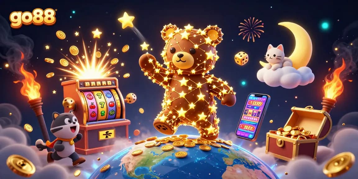 Enjoy the vibrant go88 casino scene featuring a constellation bear and thrilling slot jackpots.