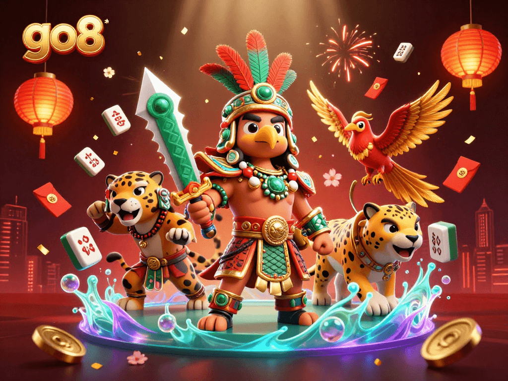 Engage with go8, showcasing Aztec warriors and vibrant casino elements in a dynamic online gaming scene.
