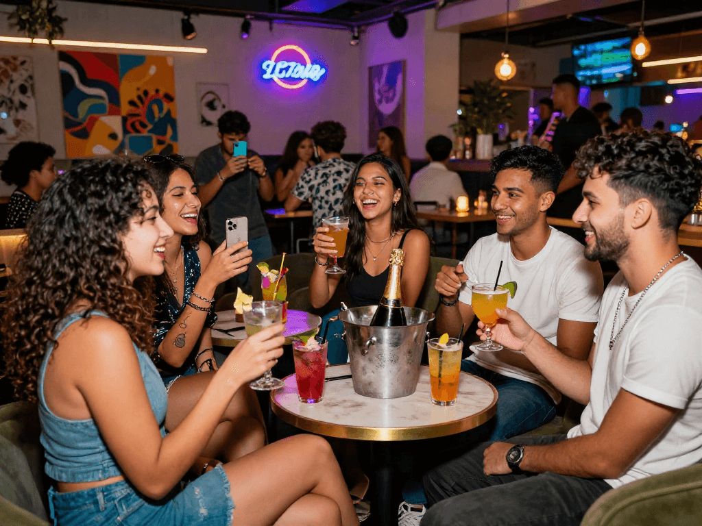Social gathering in a vibrant urban lounge showcasing 18+ ai experiences with friends enjoying cocktails.