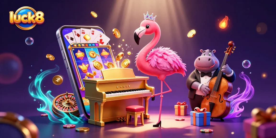 Experience excitement at luck8 with a vibrant casino scene featuring cartoons and dynamic gaming elements.