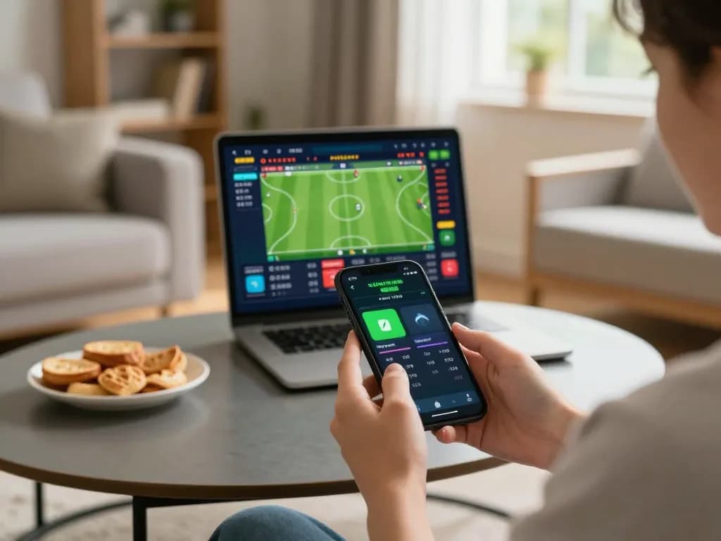 Engaging in live betting on OPEN88 using a smartphone, showcasing user-friendly interface in a cozy home setting
