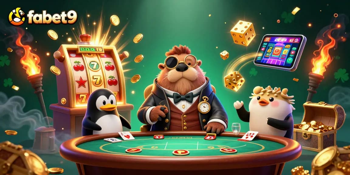 fabet9 showcases an underwater poker game with a walrus, penguin dealer, and gaming elements.