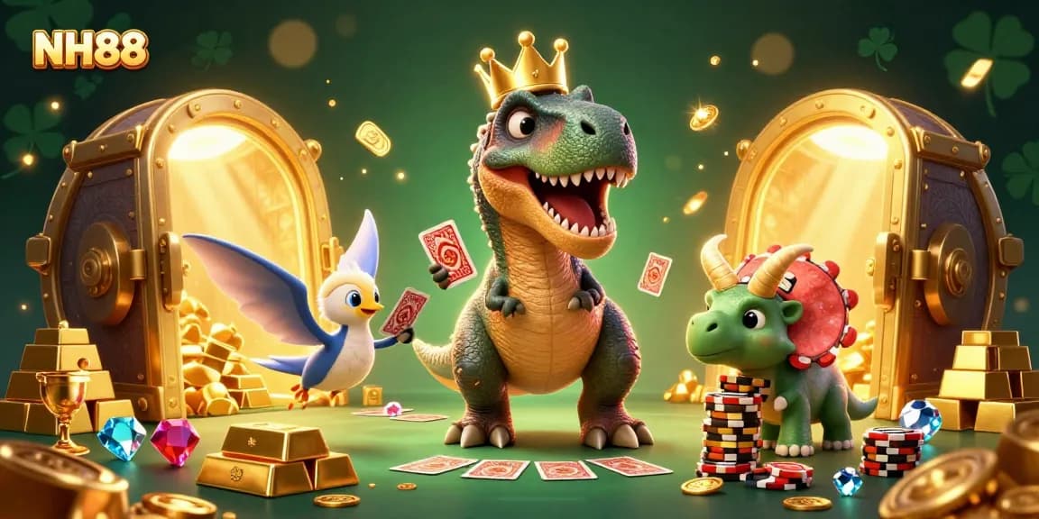 Experience thrilling gaming with NH88 as friendly dinosaurs shuffle cards and stack chips amidst dazzling treasures.