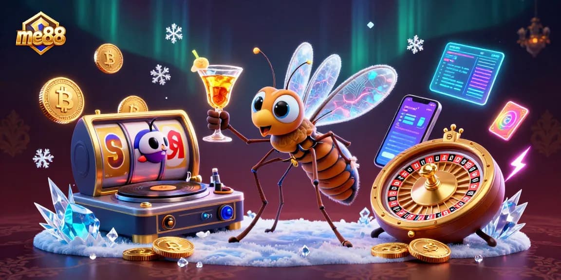 Experience the thrill of me88 with a lively casino scene featuring a frozen mosquito, trilobite DJ, and golden roulette.