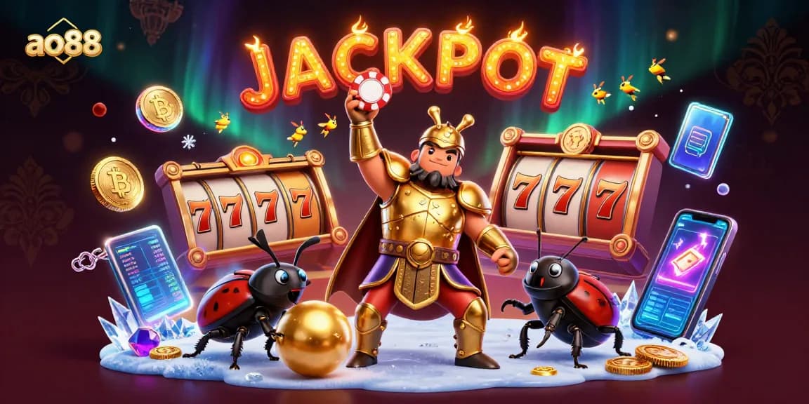Experience the excitement of ao88 as a hercules beetle lifts a poker chip in victory amidst casino elements and crypto coins.