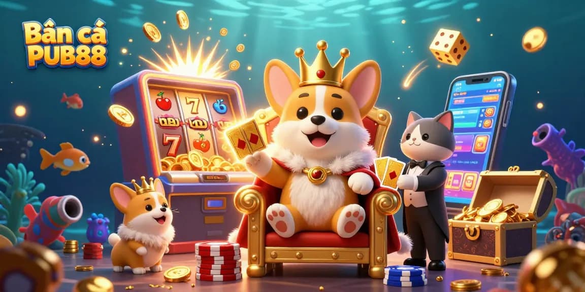 Engage in the immersive Bắn cá PUB88 game experience with royal corgis and vibrant casino elements.