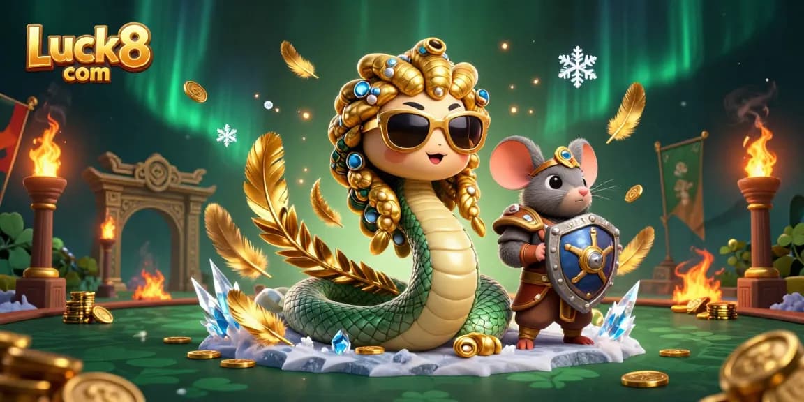 Engage with Luck8 com in this vibrant casino-themed illustration featuring Medusa and a warrior mouse.