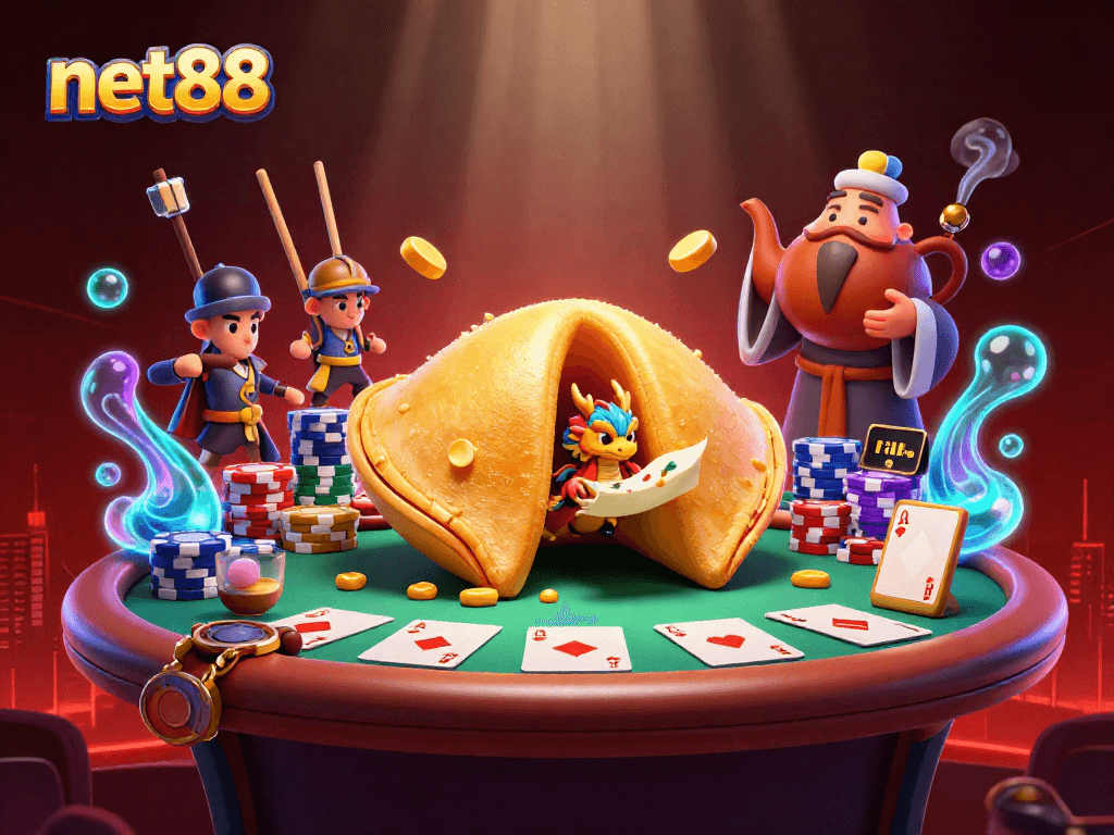 Play exciting games at net88 with vibrant casino elements in a dynamic, illustrative scene.
