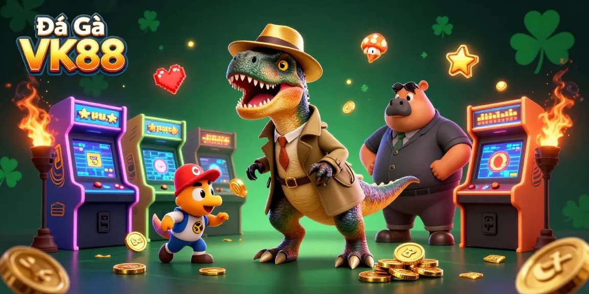 Experience Đá Gà VK88 excitement with the velociraptor card counter and stegosaurus pit boss in a vibrant arena.
