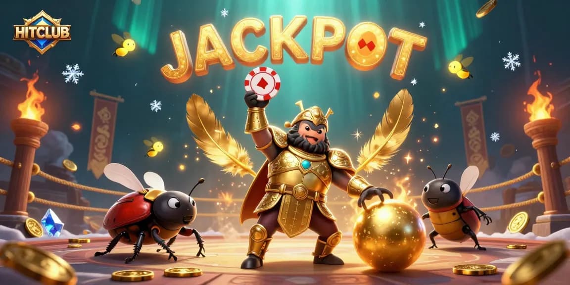 HITCLUB jackpot scene with 3D beetles celebrating victory in a vibrant casino arena