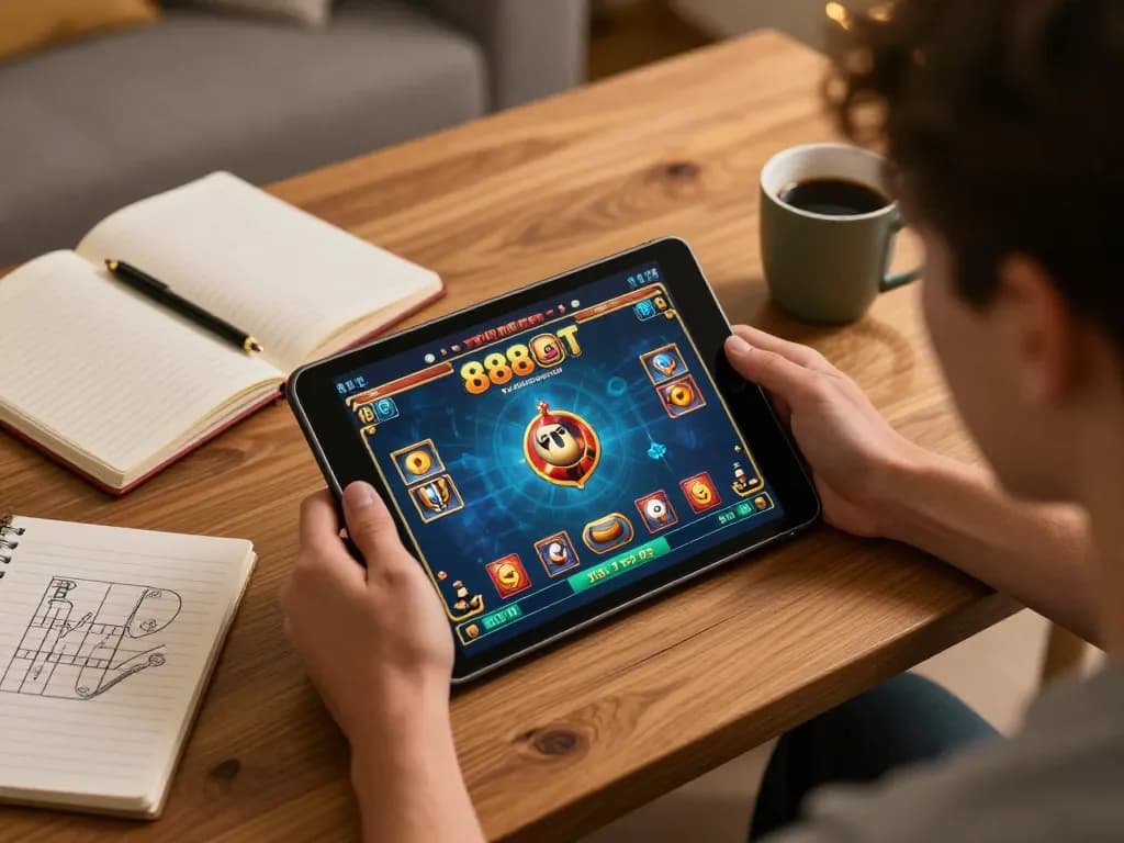 Player enjoying the 888slot game on a tablet, engaged in a cozy home environment, surrounded by strategy notes and coffee.