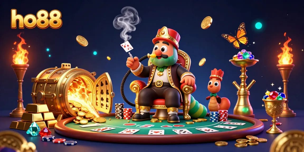 Join the fun with ho88 at an exciting poker game in a vibrant 3D illustrated casino atmosphere.