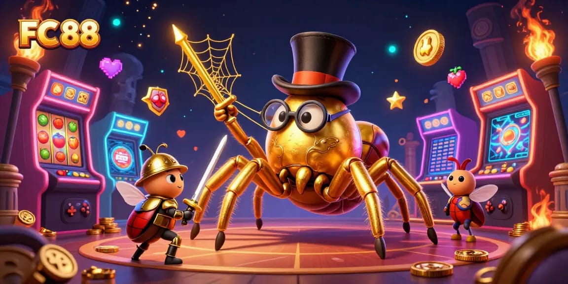 Engage with FC 88 by spinning reels surrounded by enchanting golden characters and vibrant casino elements.