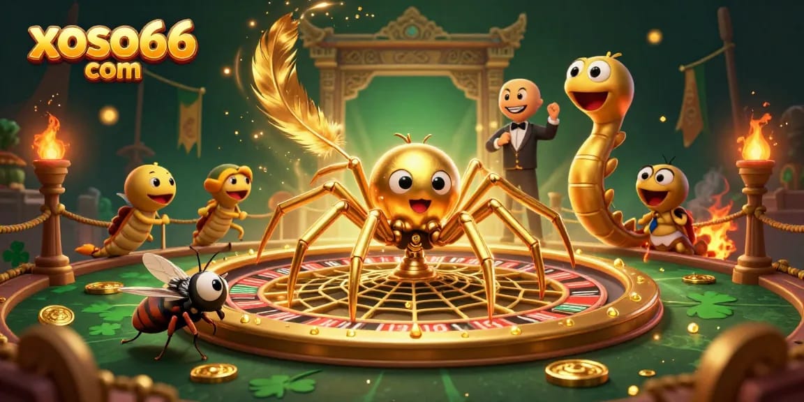 Engage with xoso66 com as a spider spins a roulette wheel web in this vibrant casino scene.