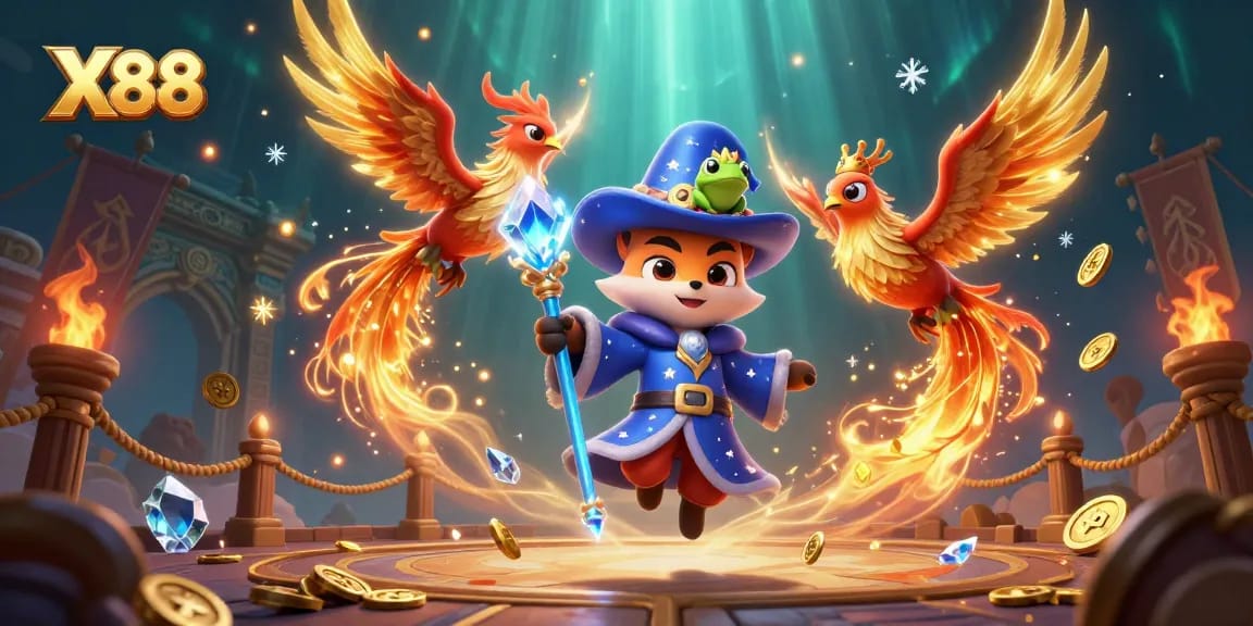 X88 creates a magical casino realm with a wizard fox and phoenix, full of engaging gaming elements.
