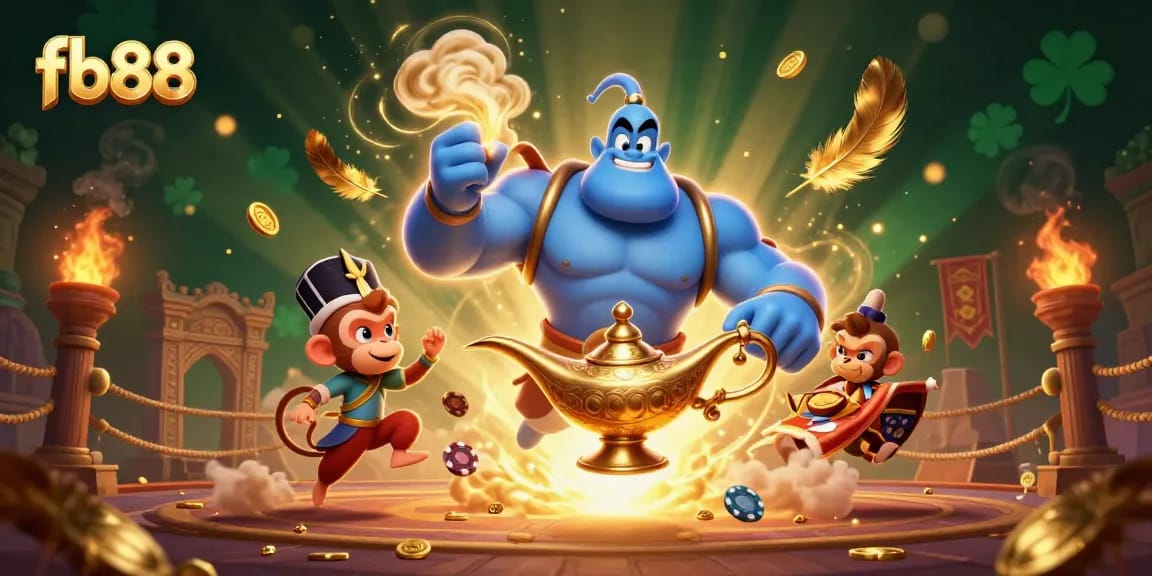 Experience exciting gaming action with fb88 where a genie emerges alongside a lucky monkey and magic carpet.