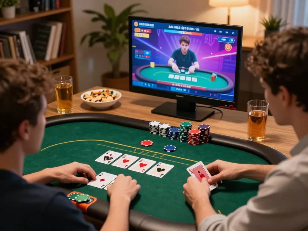 Player strategizing in a poker match on LC88, showcasing online gaming ambiance.