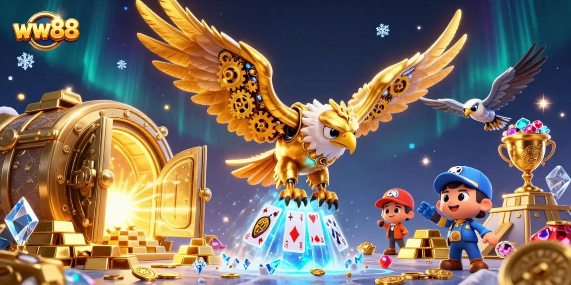 Bet big at ww88 with a stunning 3D illustration of a golden eagle soaring through cascading playing cards and treasure.