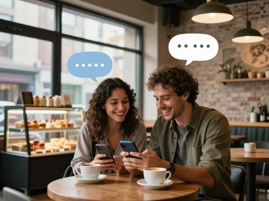 Engaging scene of a couple enjoying interactions with an AI girlfriend in a cozy café.