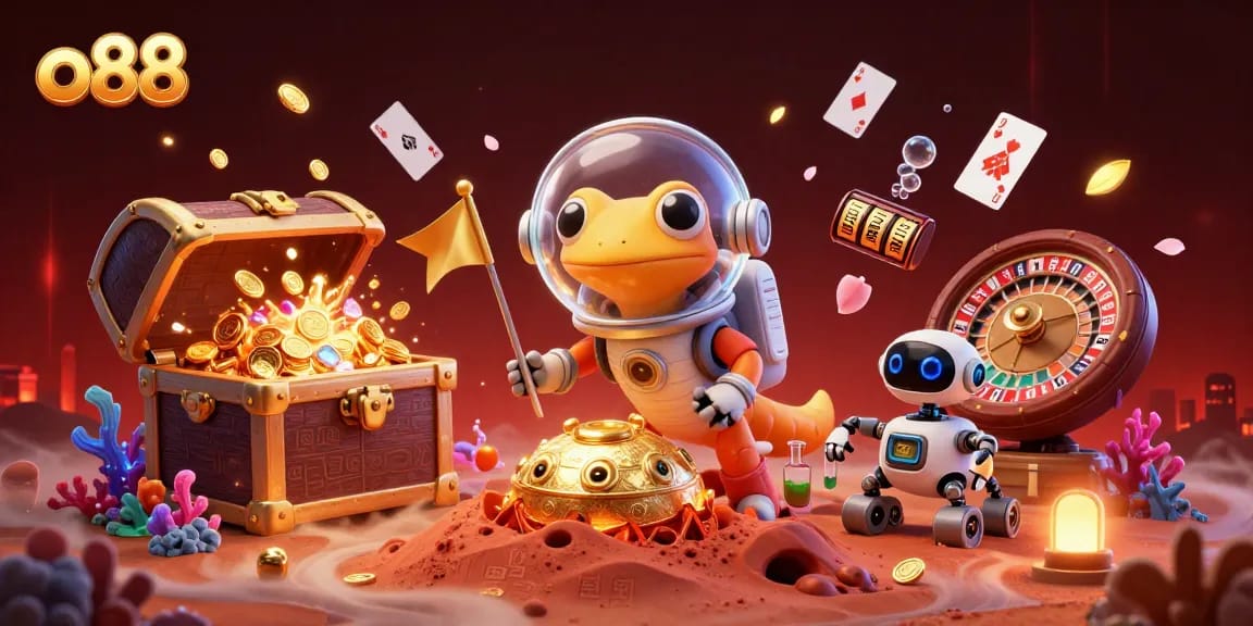Engage with the thrilling adventure of o88 at a golden Martian casino, featuring vibrant 3D elements and excitement.