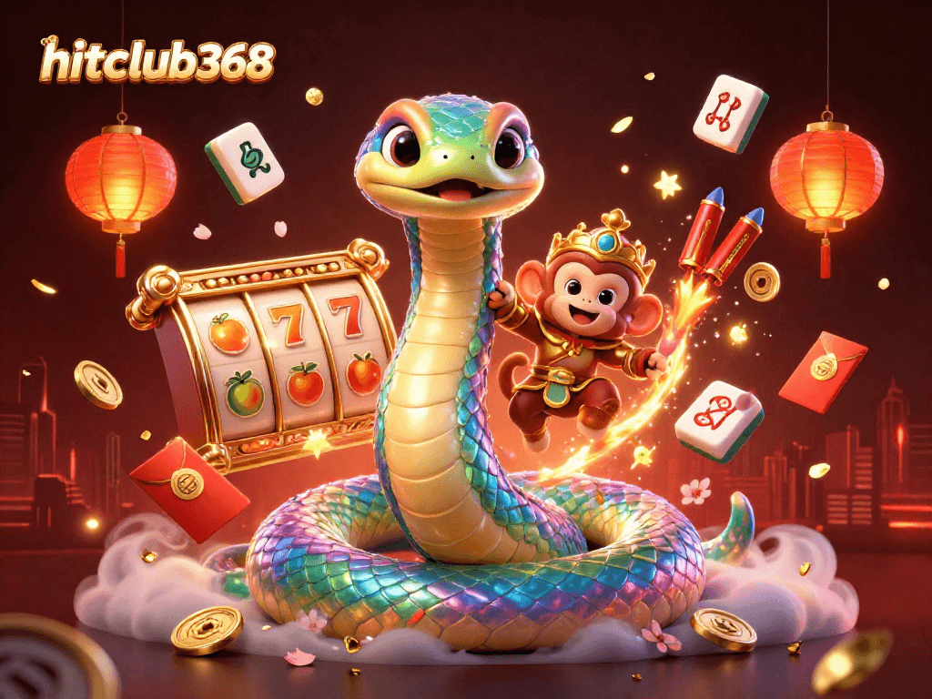 Experience thrilling gaming adventures with hitclub368's vibrant 3D illustration showcasing an enchanting rainbow serpent and golden monkey king.