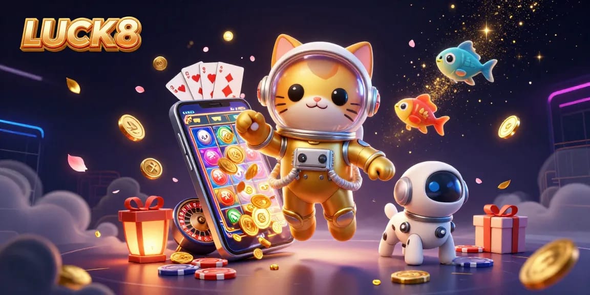 Engage with LUCK8's thrilling jackpot slots in a vibrant cosmic casino scene.