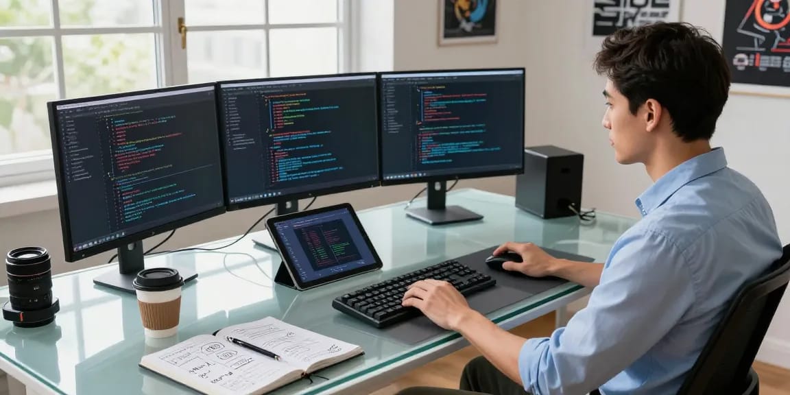 Workspace showcasing beta tools in use by a programmer, featuring multiple screens, coding essentials, and a bright atmosphere.