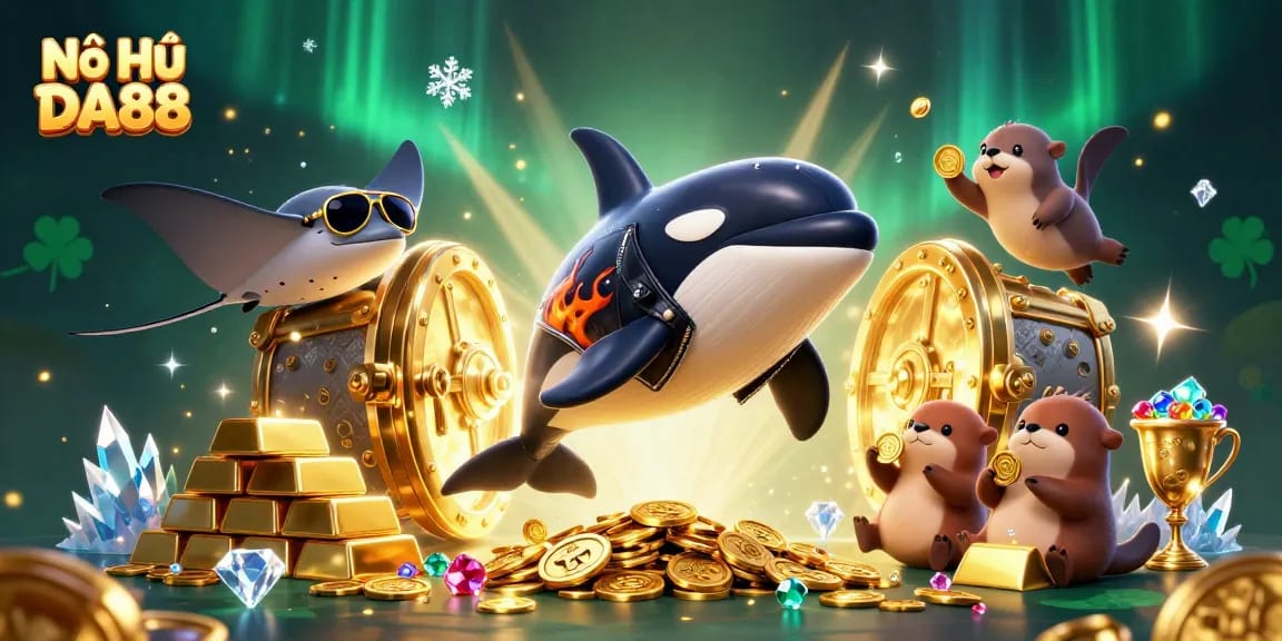 Engage with Nổ Hũ DA88 as a vibrant orca and sea otters celebrate jackpot wins amid treasures.