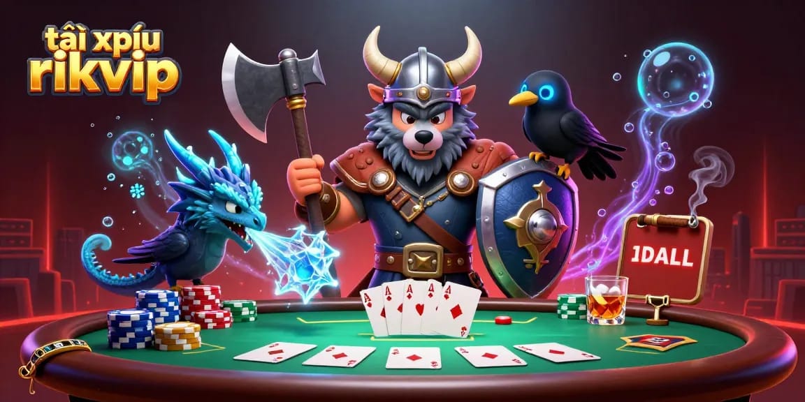 Tài xỉu rikvip showcasing a Viking wolf warrior and dragon in a vibrant poker scene