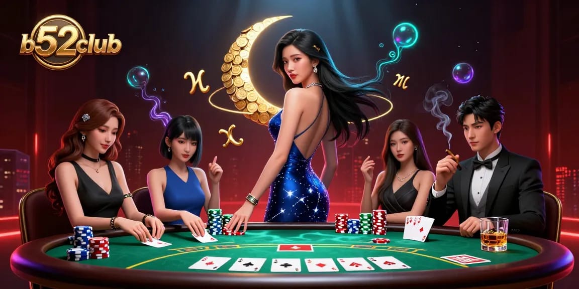 Experience thrilling gameplay at b52club with an enchanting Asian woman amid dynamic poker elements.
