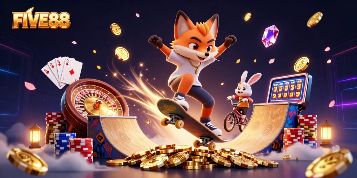 Experience the excitement of FIVE88 with dynamic gameplay featuring casino symbols and vibrant characters.