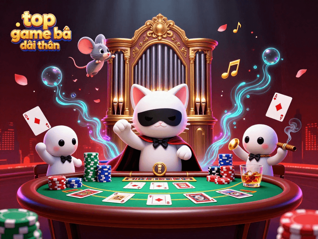 Experience top game bài đổi thưởng with lively casino elements and characters in this vibrant illustration.