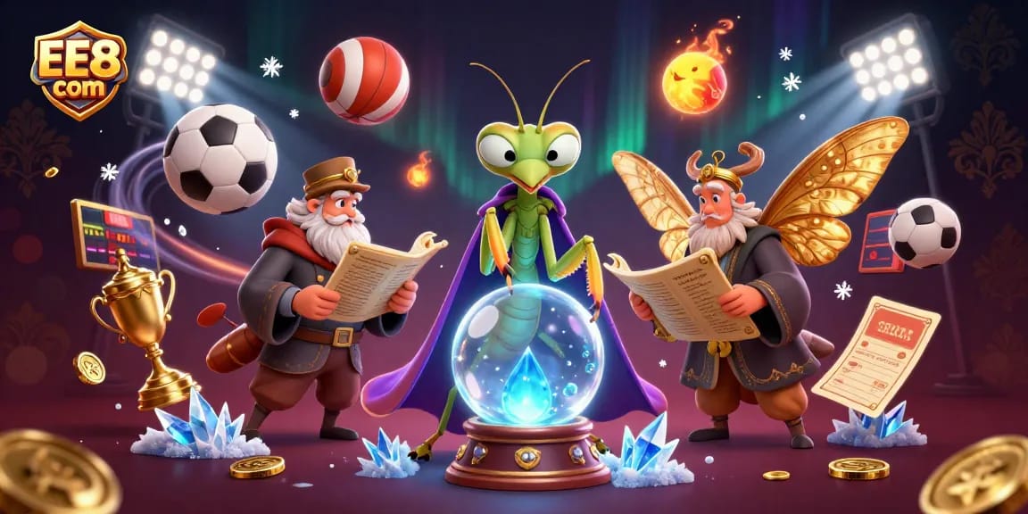 Engage with the vibrant world of EE88 com, featuring a praying mantis fortune teller and lively casino elements.