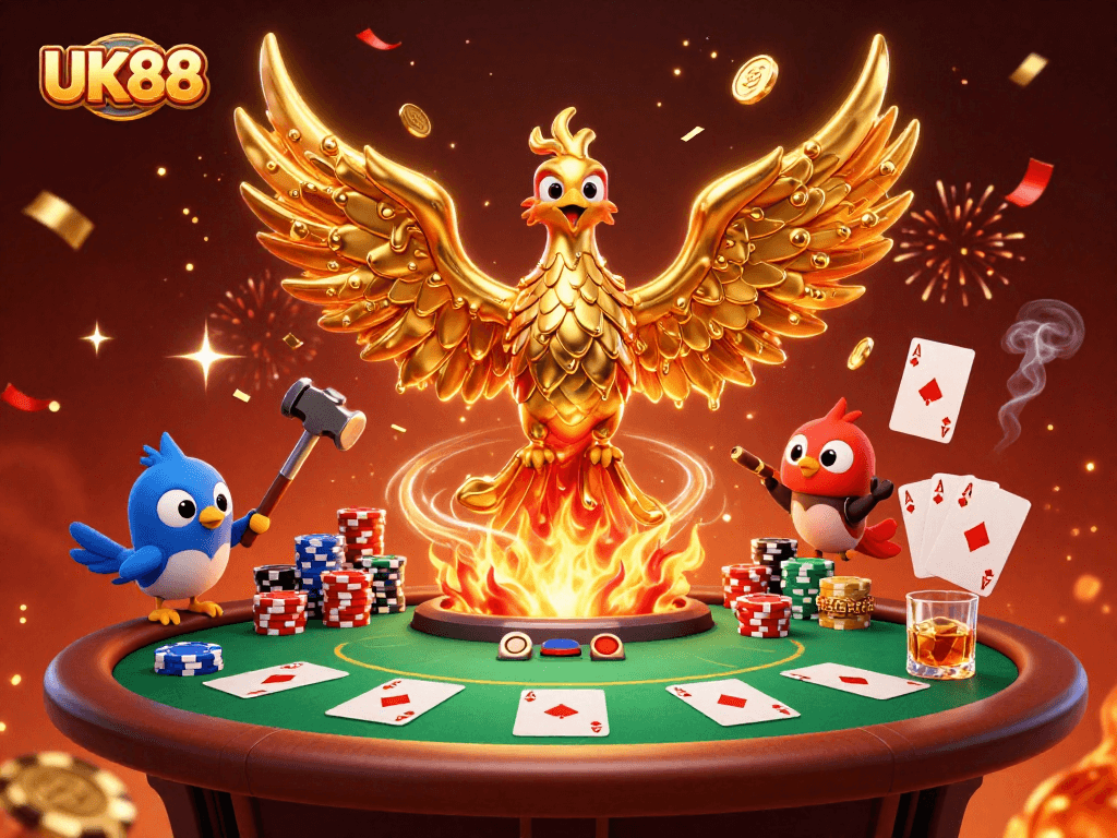 Experience UK88's dynamic casino atmosphere with a golden phoenix and poker elements.