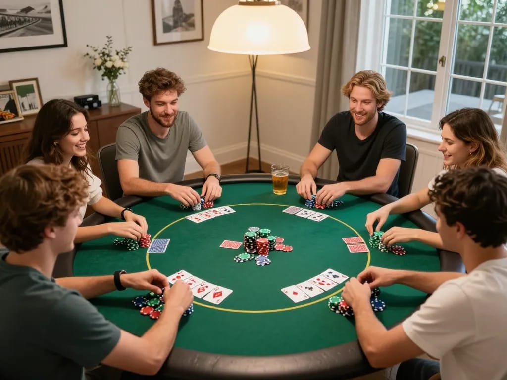 Friends enjoying a lively poker game at home while using luongsontv for online gaming.