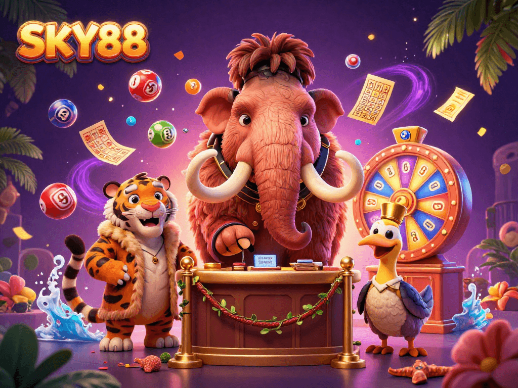Experience excitement at SKY88 with vibrant lottery balls and dynamic casino atmosphere.