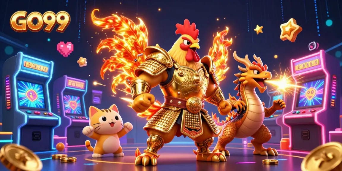 Experience thrilling gaming adventures at GO99 with vibrant 3D characters and casino elements.