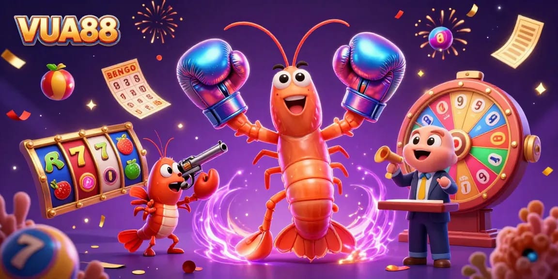 VUA88 showcases vibrant slot reels and lottery balls in a festive 3D casino celebration.