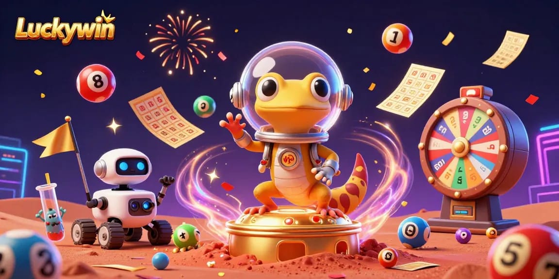 Explore vibrant casino gaming with Luckywin's animated characters in a dynamic space scene.
