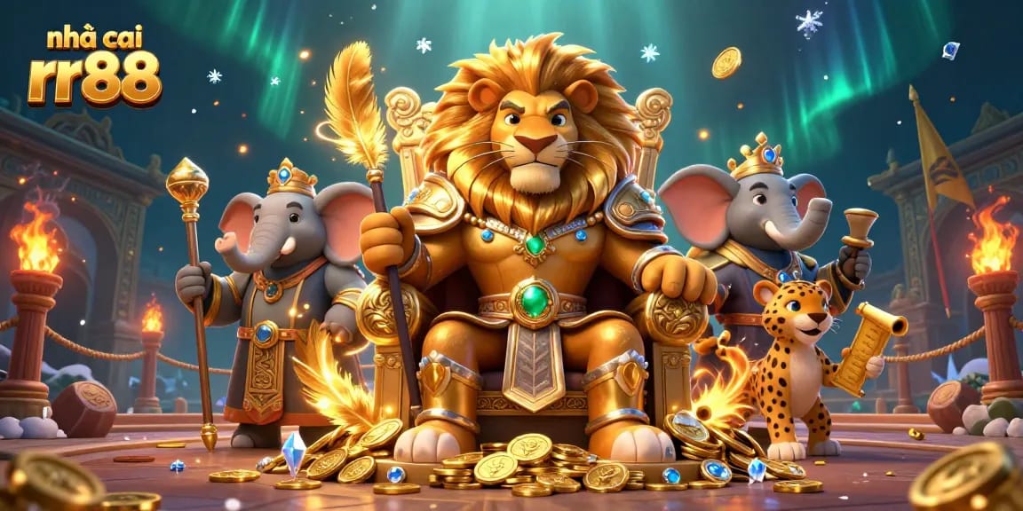Engage in thrilling games at nhà cái rr88 featuring a lion king, wise elephant, and cheetah messenger.