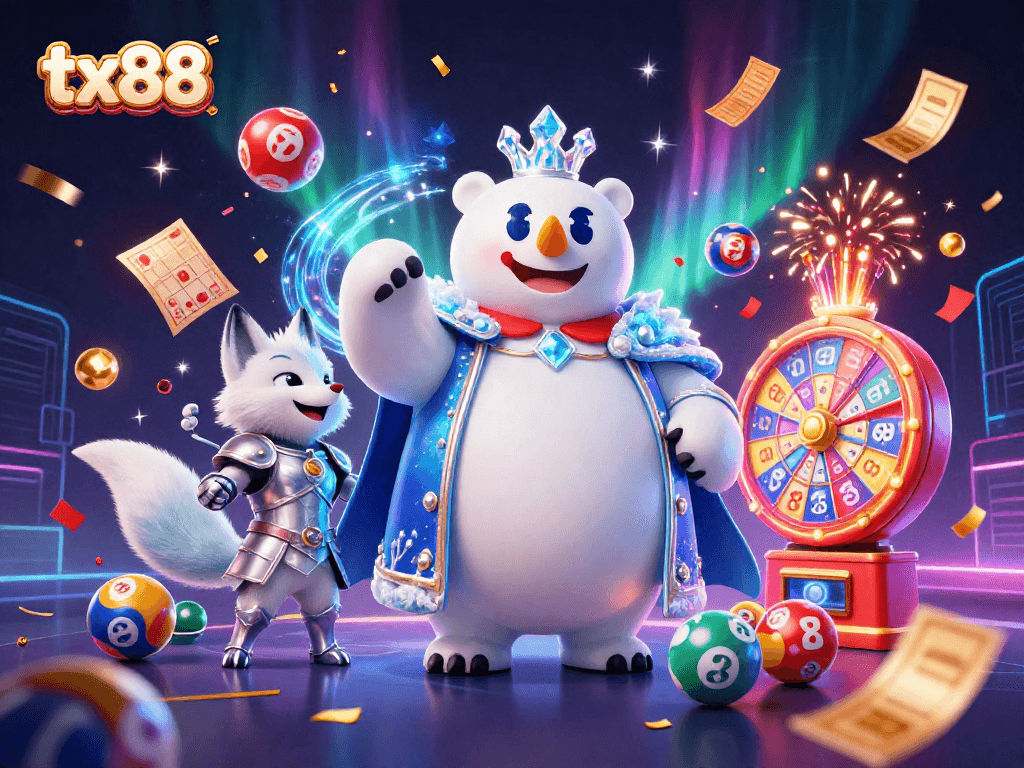 Experience the excitement of tx88 with a stunning 3D illustration of a polar bear king and vibrant lottery elements.