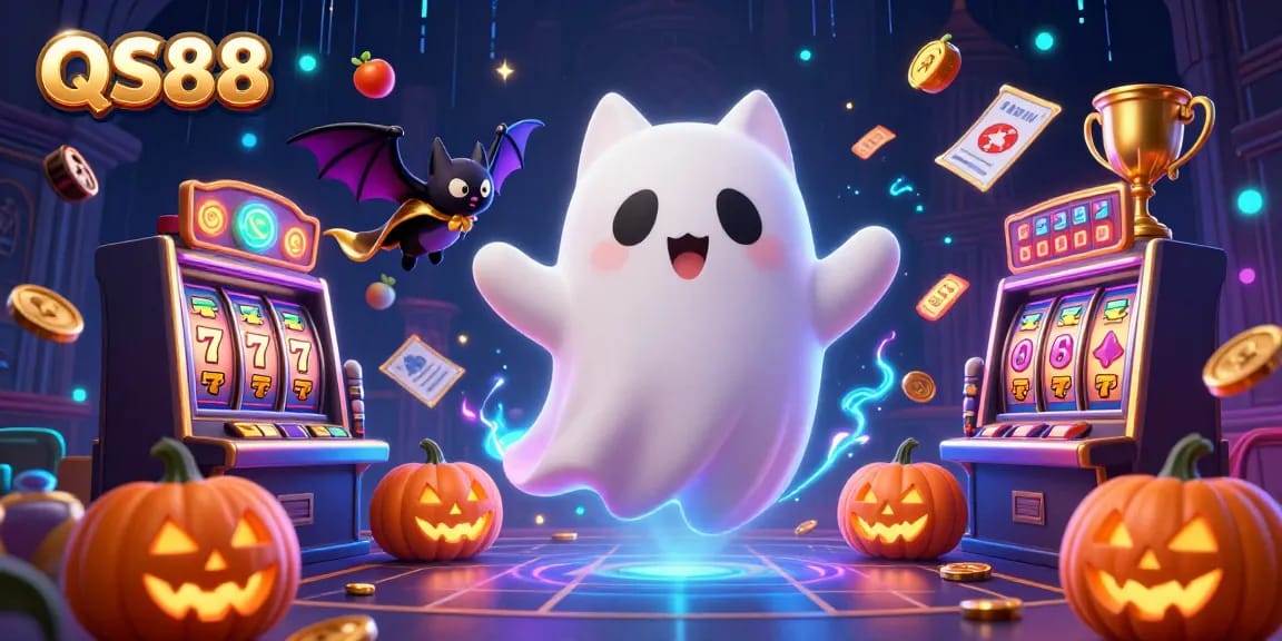 Experience the thrilling QS88 gaming atmosphere with a ghost cat and a vampire bat in a haunted casino.