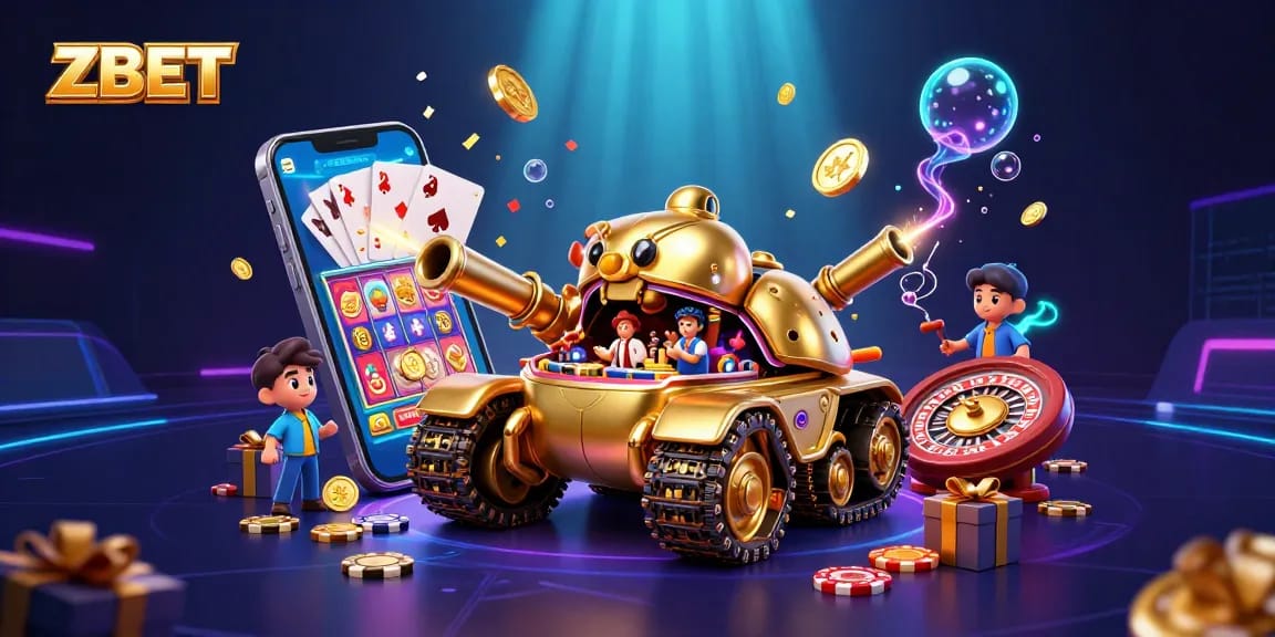 ZBET showcases an exciting mini casino scene with golden elements and vibrant gaming action for players.