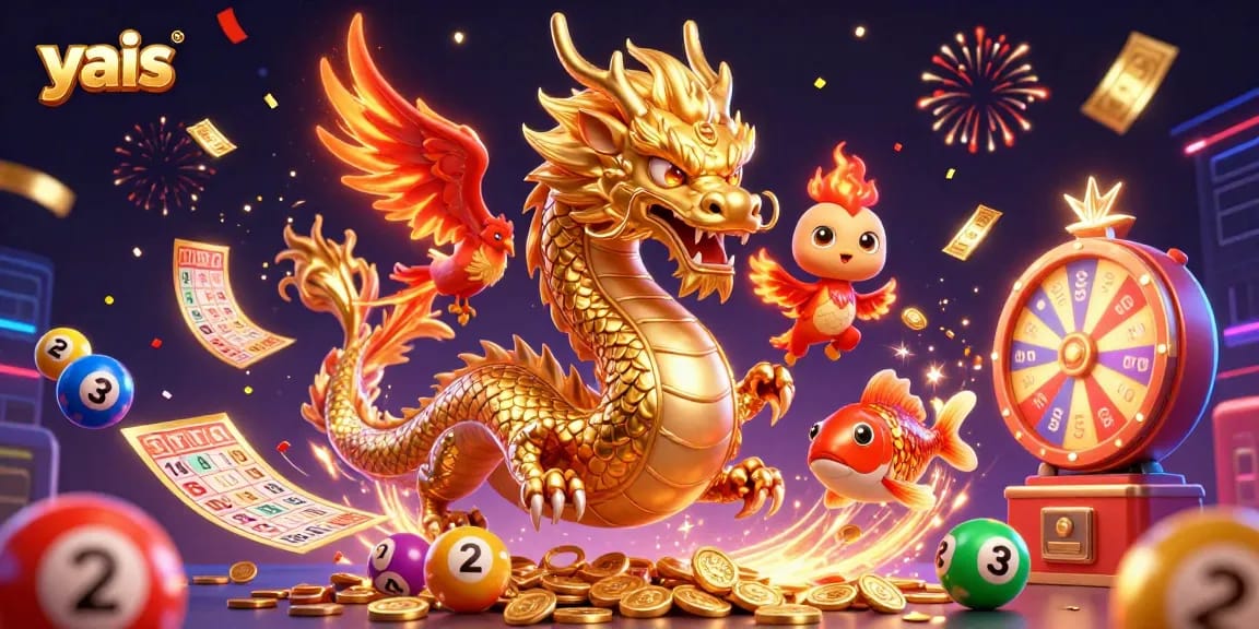 yais highlights thrilling gaming action featuring a golden dragon, vibrant casino elements, and festive details