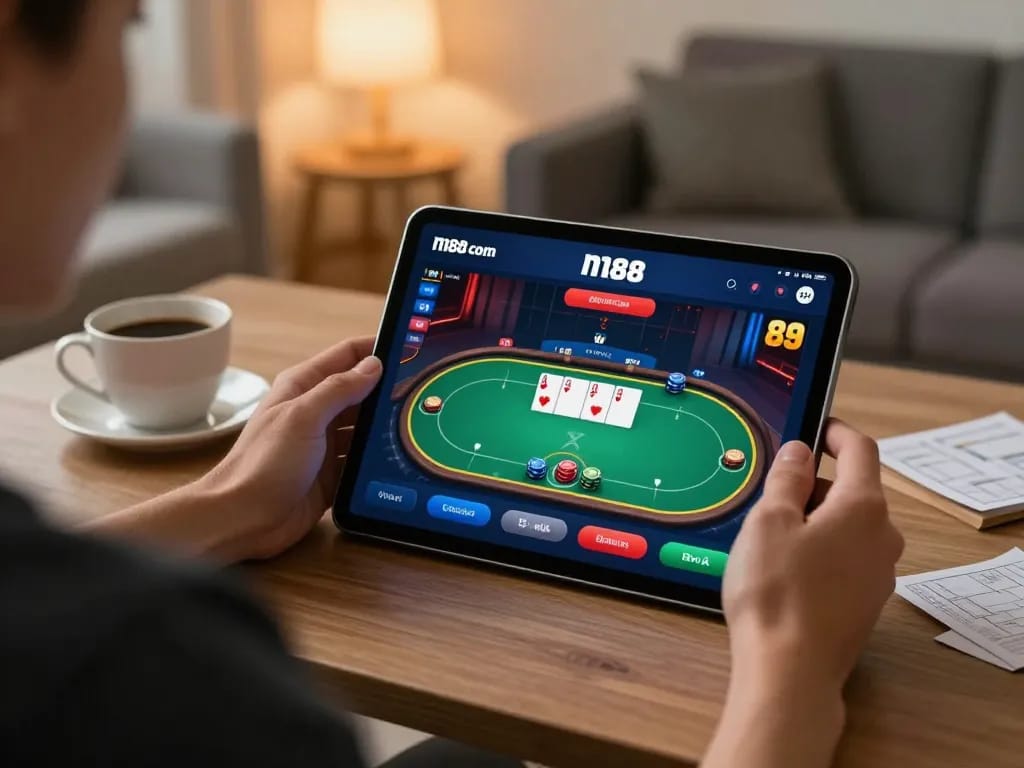 Engaging with n188 com app while playing online poker in a cozy home setting, highlighting strategic gameplay.