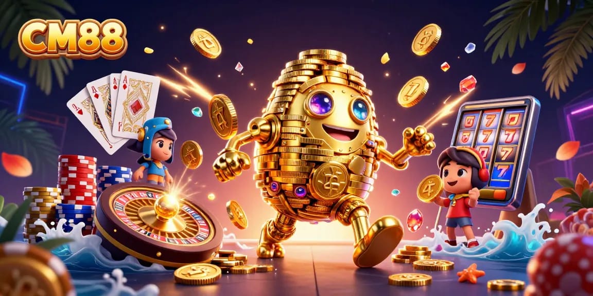 Celebrate your wins at CM88 with vibrant casino elements and a golden golem.