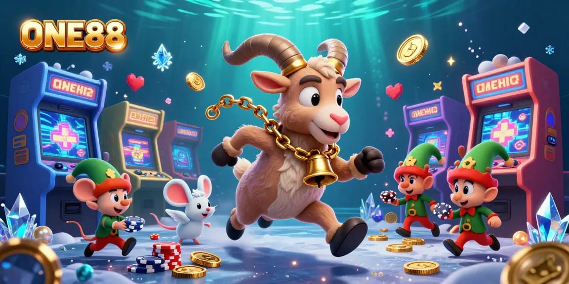 Experience the thrill of ONE88 online casino with a festive Krampus goat, angel mouse, and playful elf gremlins.