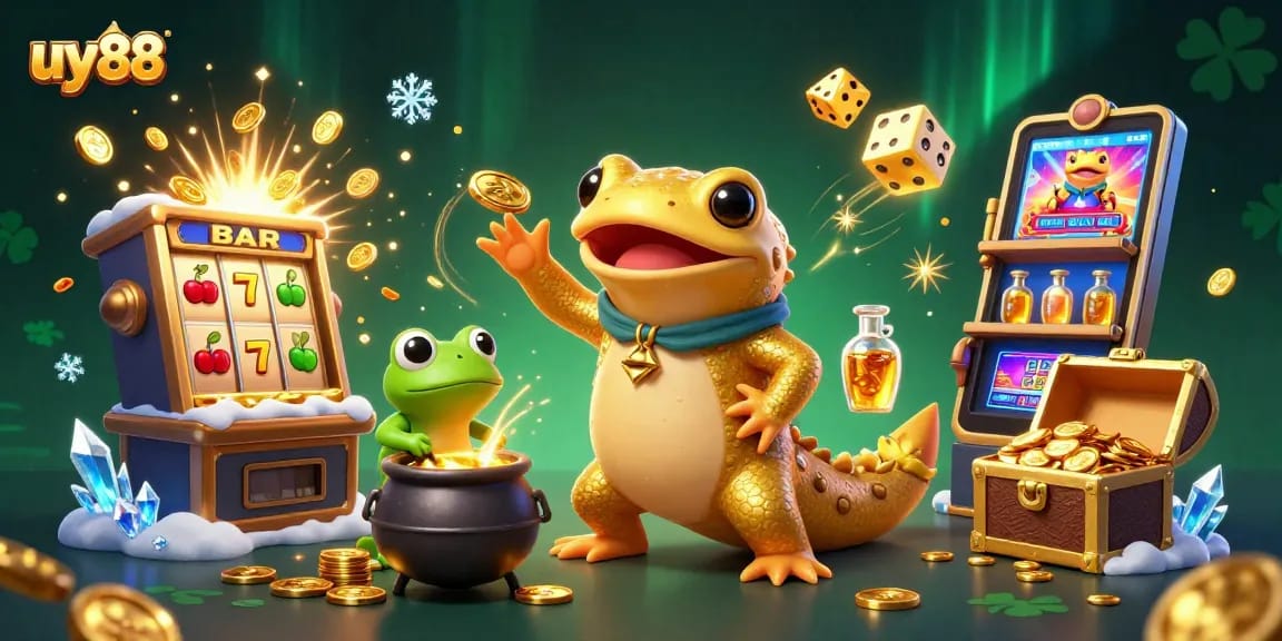 Experience thrilling gameplay at uy88, featuring a vibrant 3D casino scene with alchemists and jackpot reveals.