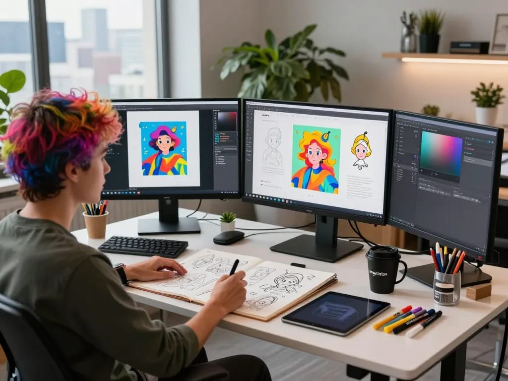 Artist using nano banana AI image editor in a modern digital art studio